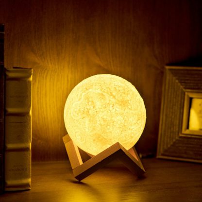 USB Charging 3D Printing Moon Lamp Nightlight 2 Color Change Touch Sensor Night Light Home Decoration Lamp with Wood Holder