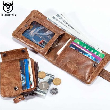 BULL CAPTAIN Vintage Leather Trifold Wallet Men Short Hasp Wallet CASUAL MALE Zipper Wallets Card Holder Money BAG Coin Purse 5