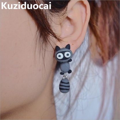 New Hot ! Fashion Fine Excellent Jewelry Soft Ceramic Cute Little Animal Raccoon Stud Earrings For Women And Girl Gifts E-4